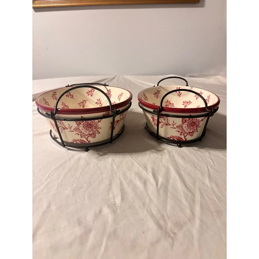 Temp-tations Floral Lace Oval Baker Set Red Cream Ceramic 2pc with Wire Racks EX